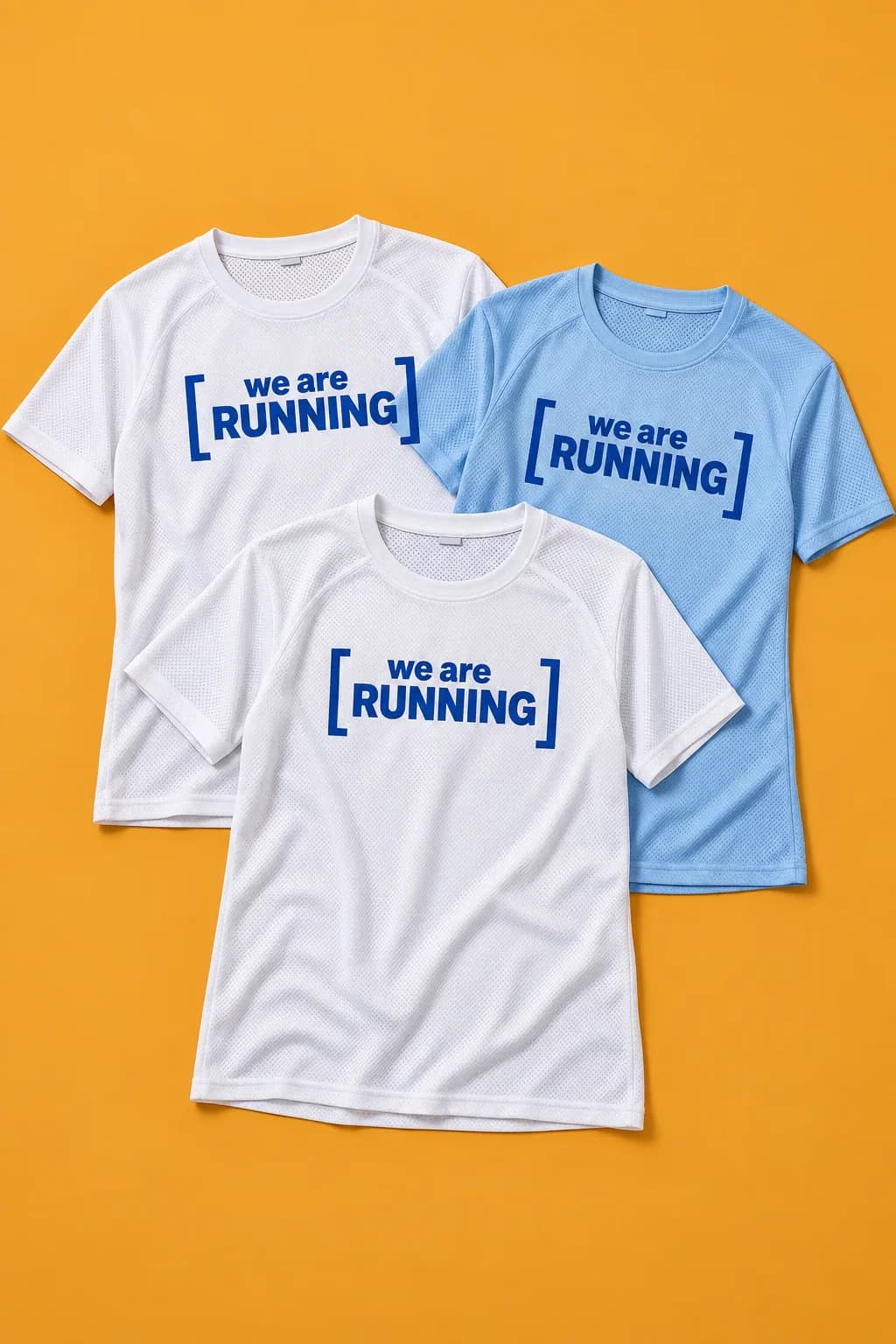 Maillots de course en maille technique blanche et bleu ciel, imprimés en DTF du cadre « we are running »