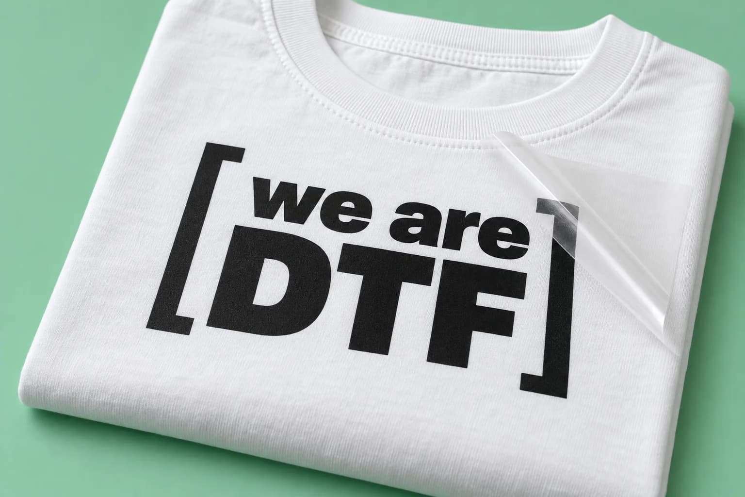 T-shirt blanc imprimé en noir du cadre « we are DTF », le film de transfert à moitié décollé, sur fond vert d'eau